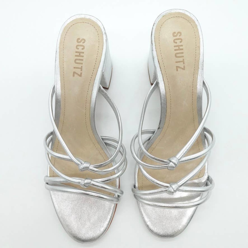 SCHUTZ Princey Strappy Sandal Womens 8 Silver Knotted Block Heel Slide Slip On - Picture 6 of 12